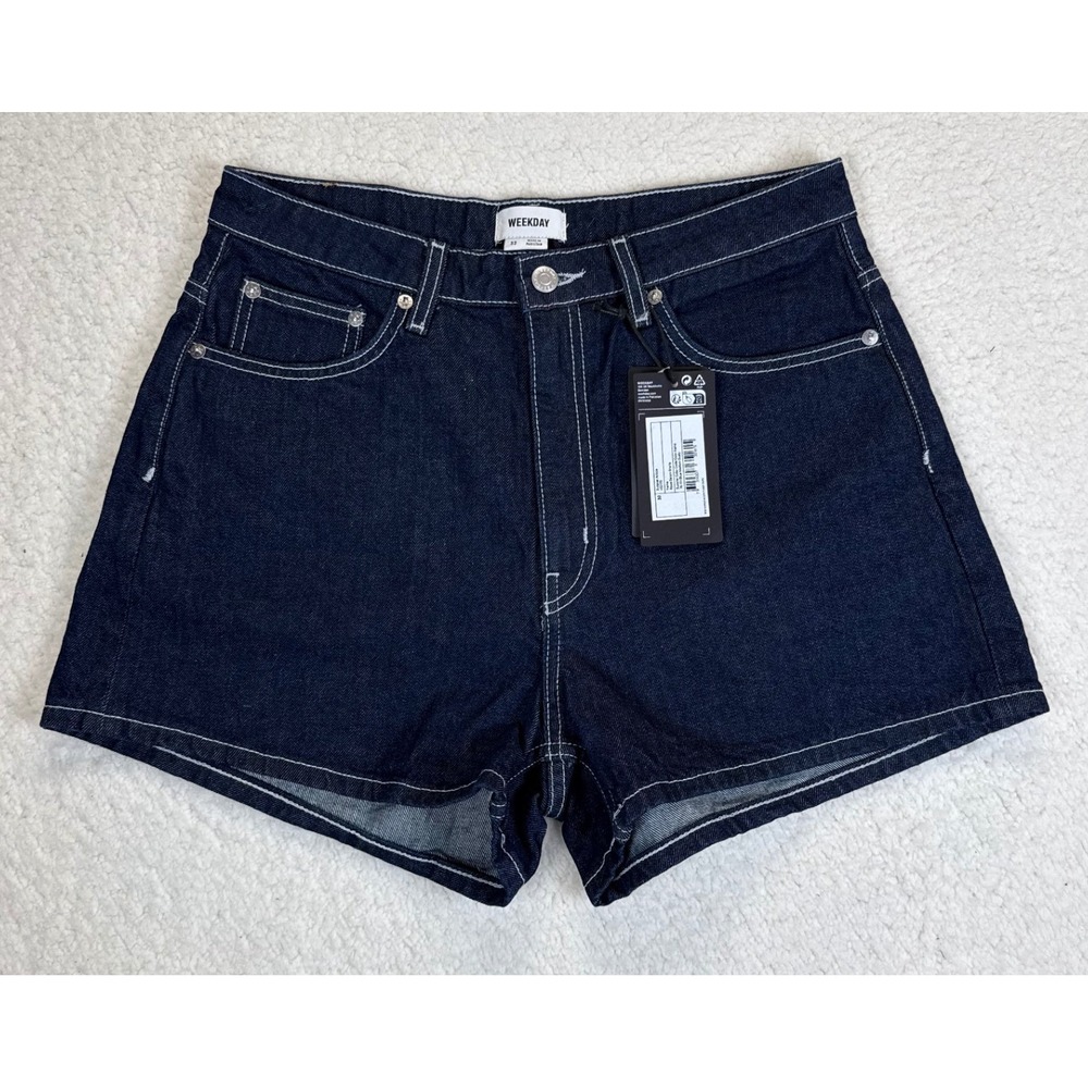 Weekday Rowe Denim Shorts Blue‎ Medium Dusty Dark Indigo Contrast Stitch 32, NWT